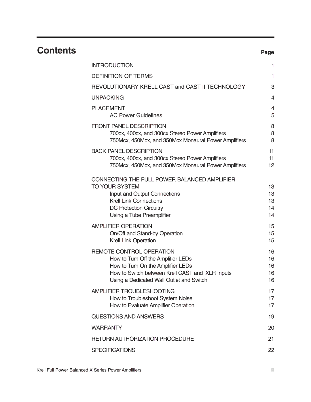 Krell Industries 700cx, 400cx, 300cx, 750Mcx, 450Mcx, 350Mcx manual Contents 