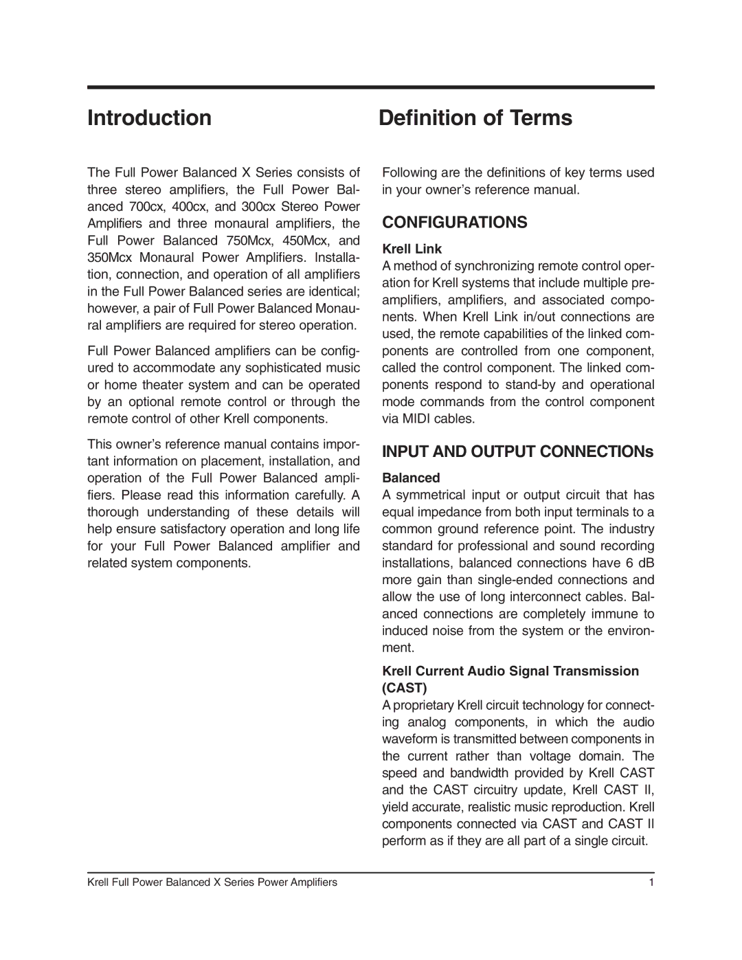 Krell Industries 350Mcx Introduction, Configurations, Krell Link, Balanced, Krell Current Audio Signal Transmission Cast 