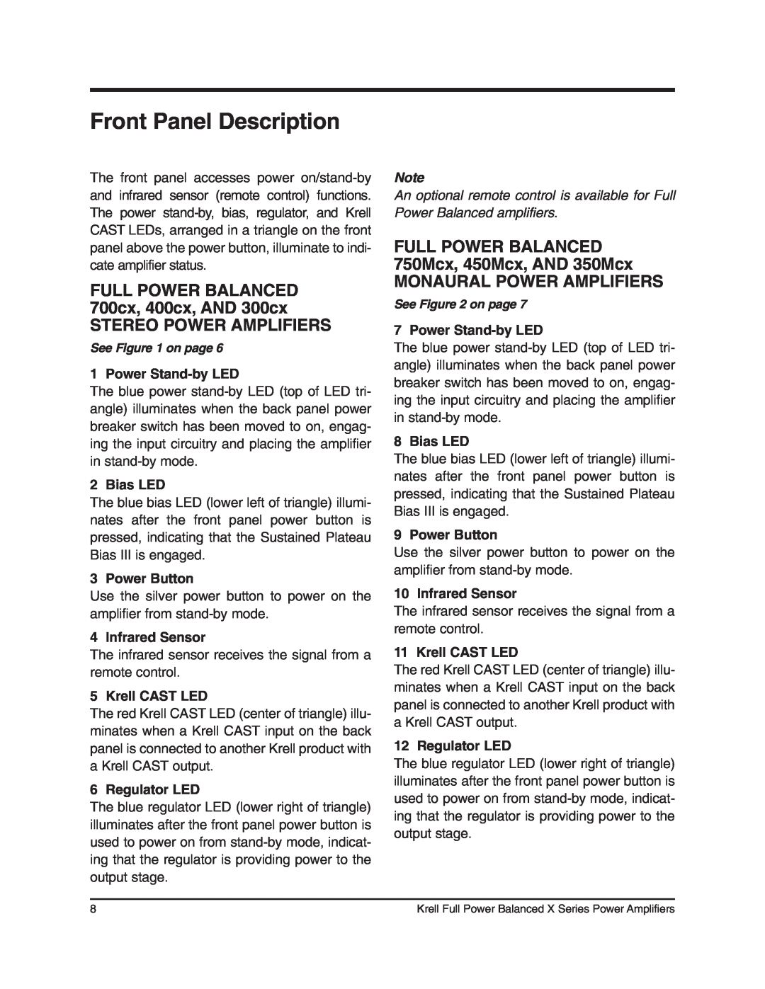 Krell Industries 350Mcx Front Panel Description, FULL POWER BALANCED 700cx, 400cx, AND 300cx, Stereo Power Amplifiers 