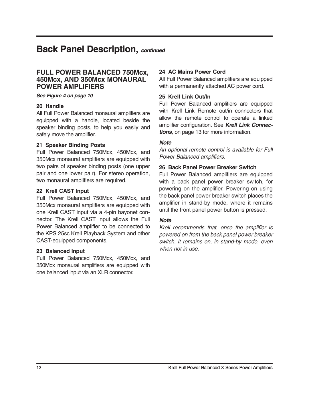 Krell Industries 450Mcx manual Back Panel Description, continued, FULL POWER BALANCED 750Mcx, Handle, Speaker Binding Posts 