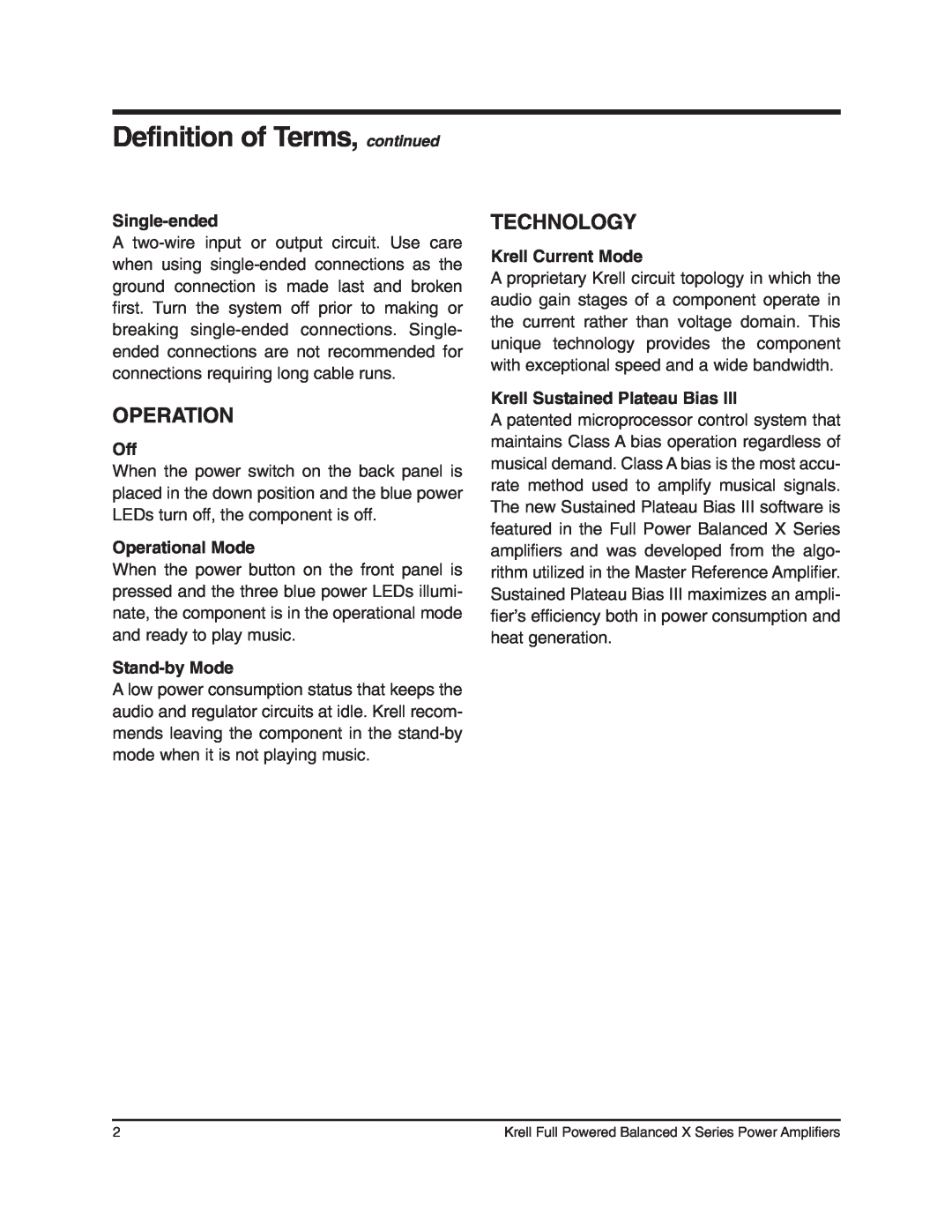 Krell Industries 450Mcx manual Definition of Terms, continued, Technology, Single-ended, Operational Mode, Stand-byMode 