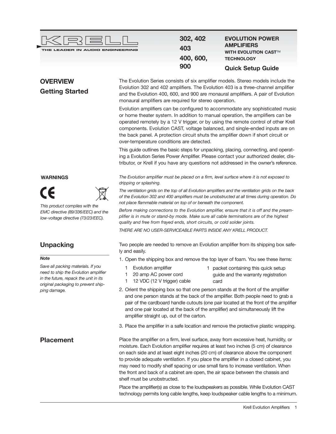 Krell Industries 403, 402, 302 setup guide 400, Getting Started, Unpacking, Placement 