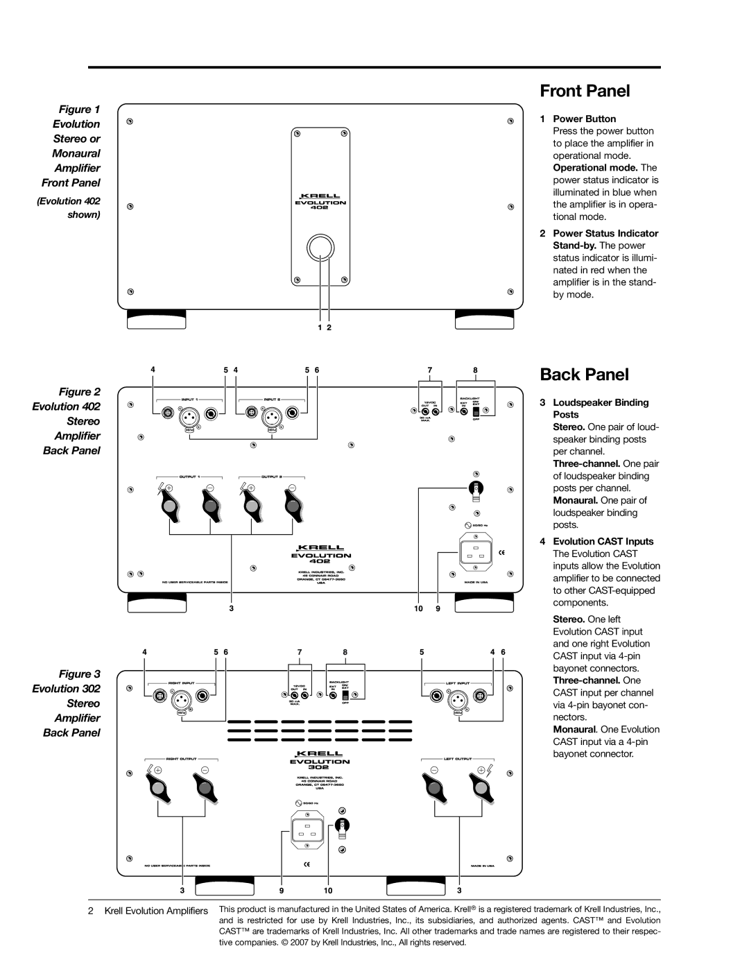 Krell Industries 302, 402, 403 setup guide Power Button, Loudspeaker Binding Posts 