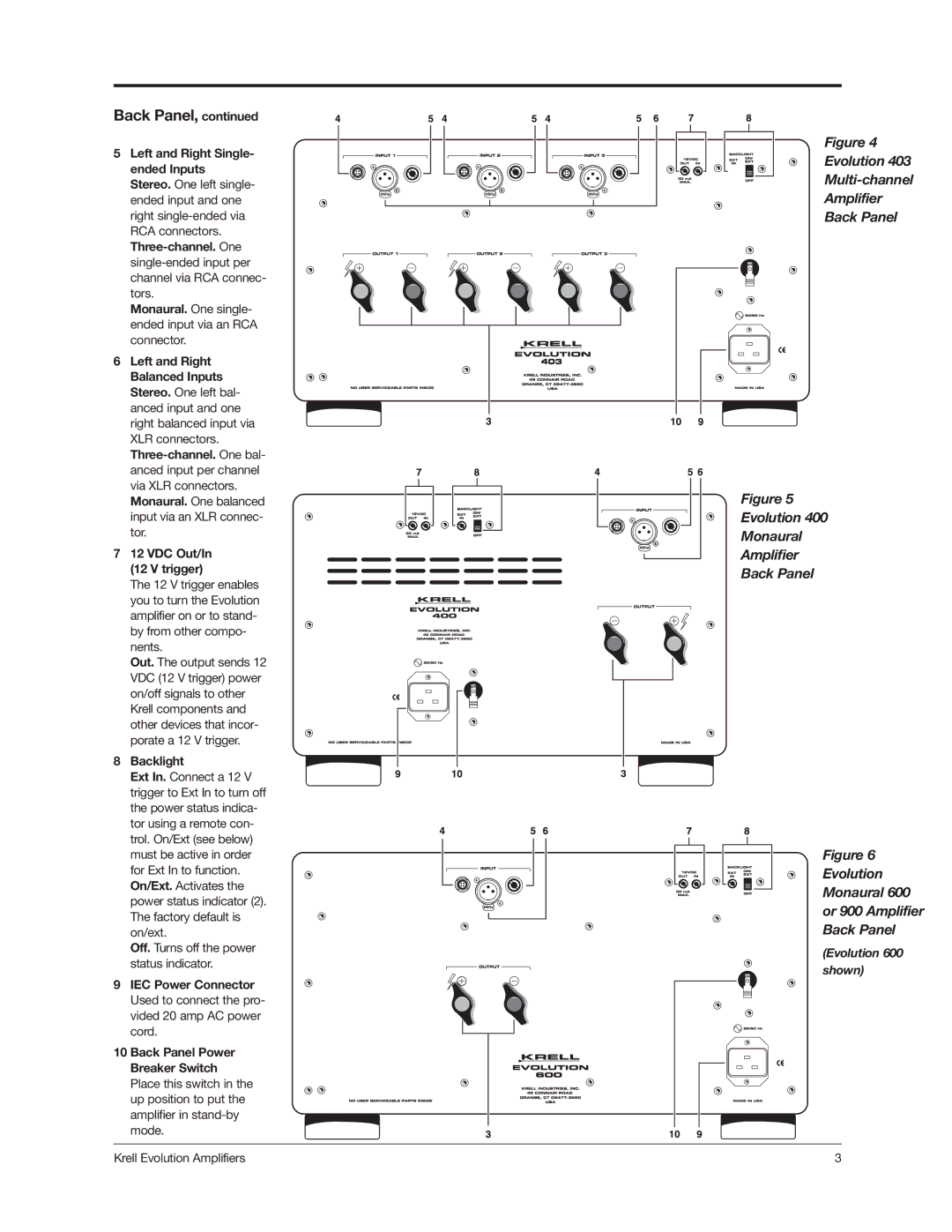 Krell Industries 402, 403, 302 setup guide Back Panel, Backlight 