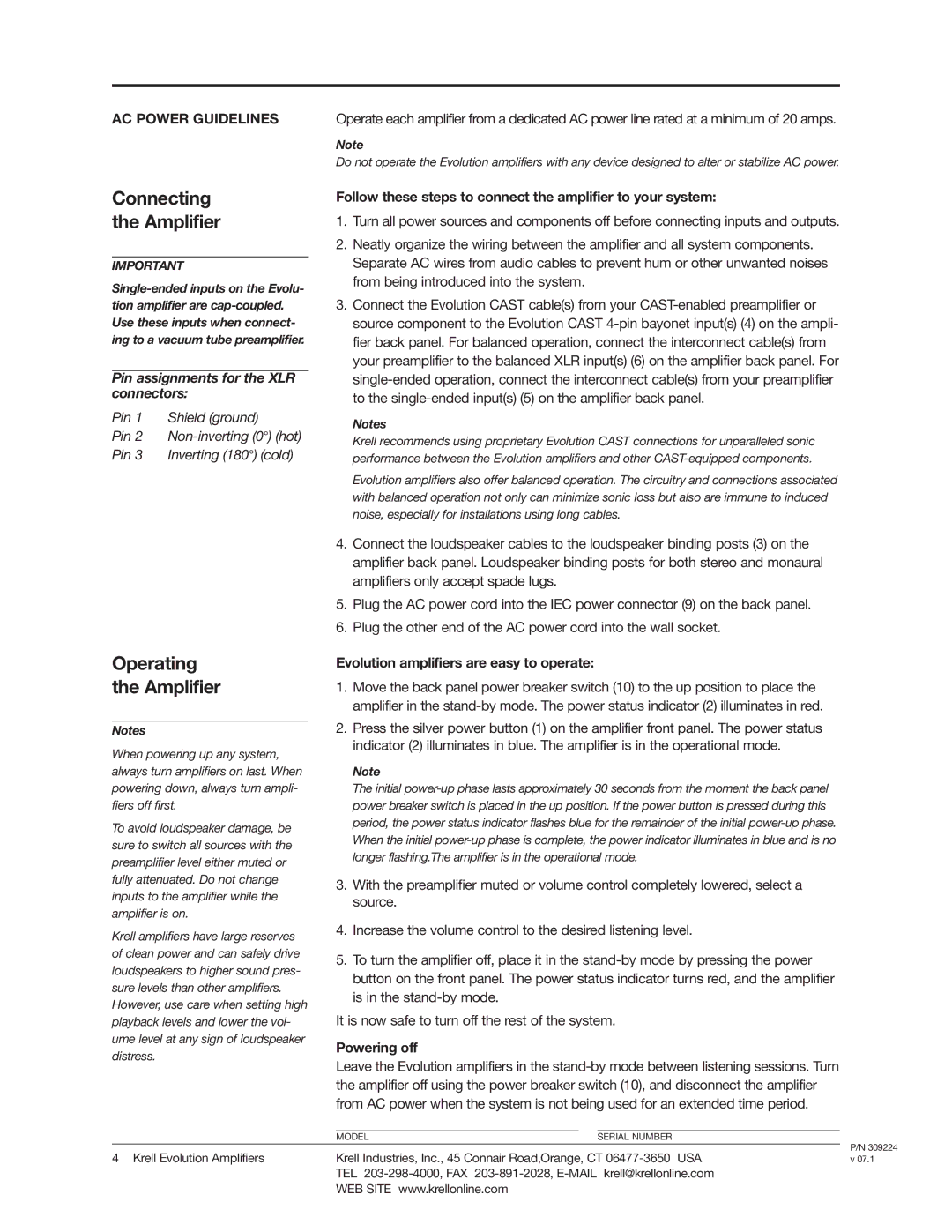 Krell Industries 403, 402, 302 setup guide Connecting Amplifier, Operating Amplifier 