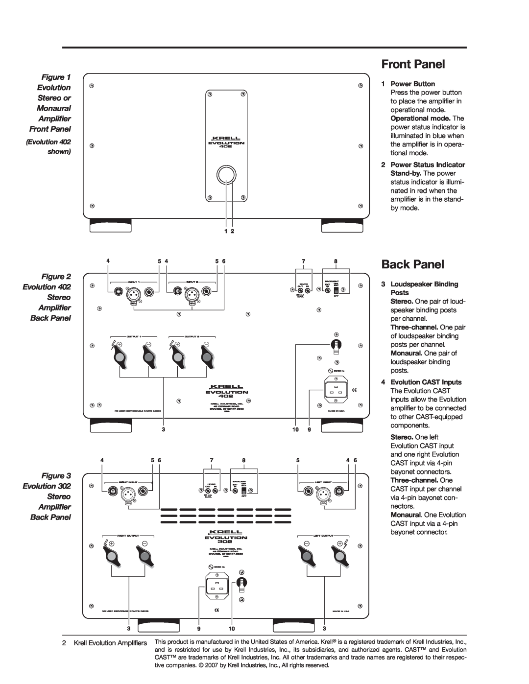 Krell Industries 302, 402, 403 setup guide Figure Evolution Stereo or Monaural Amplifier, Front Panel, Back Panel 