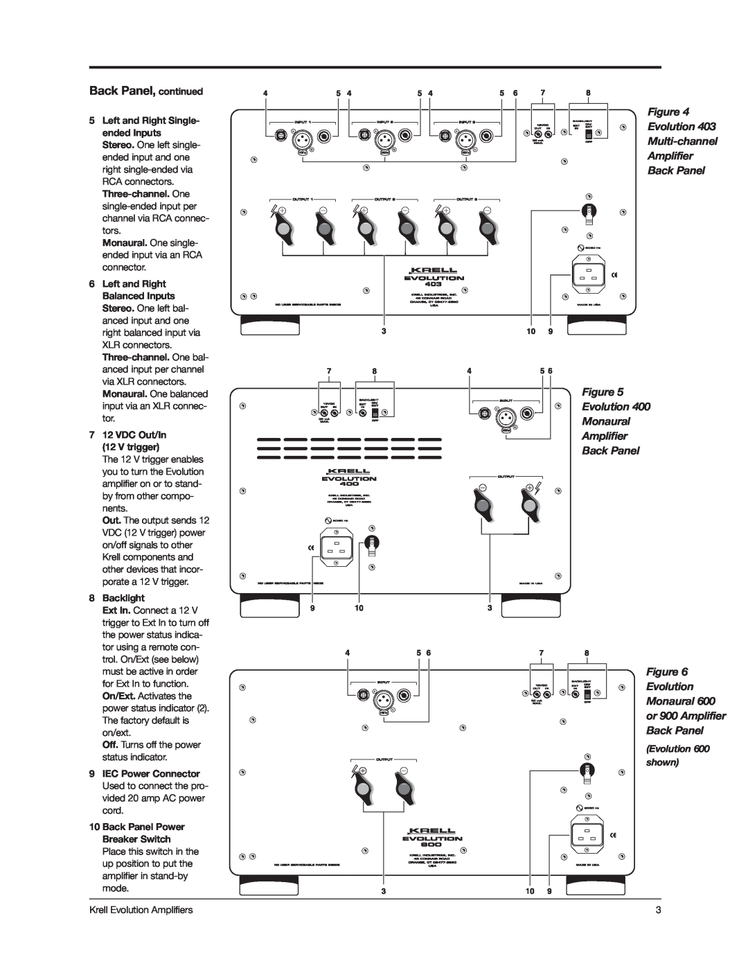 Krell Industries 402, 403, 302 setup guide Back Panel, continued, Figure Evolution Multi-channel Amplifier, Back Panel Figure 