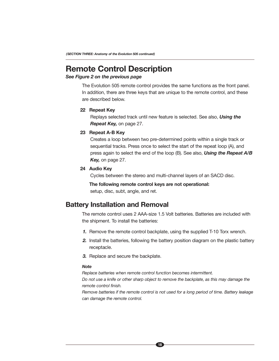 Krell Industries 505 manual Remote Control Description, Battery Installation and Removal 