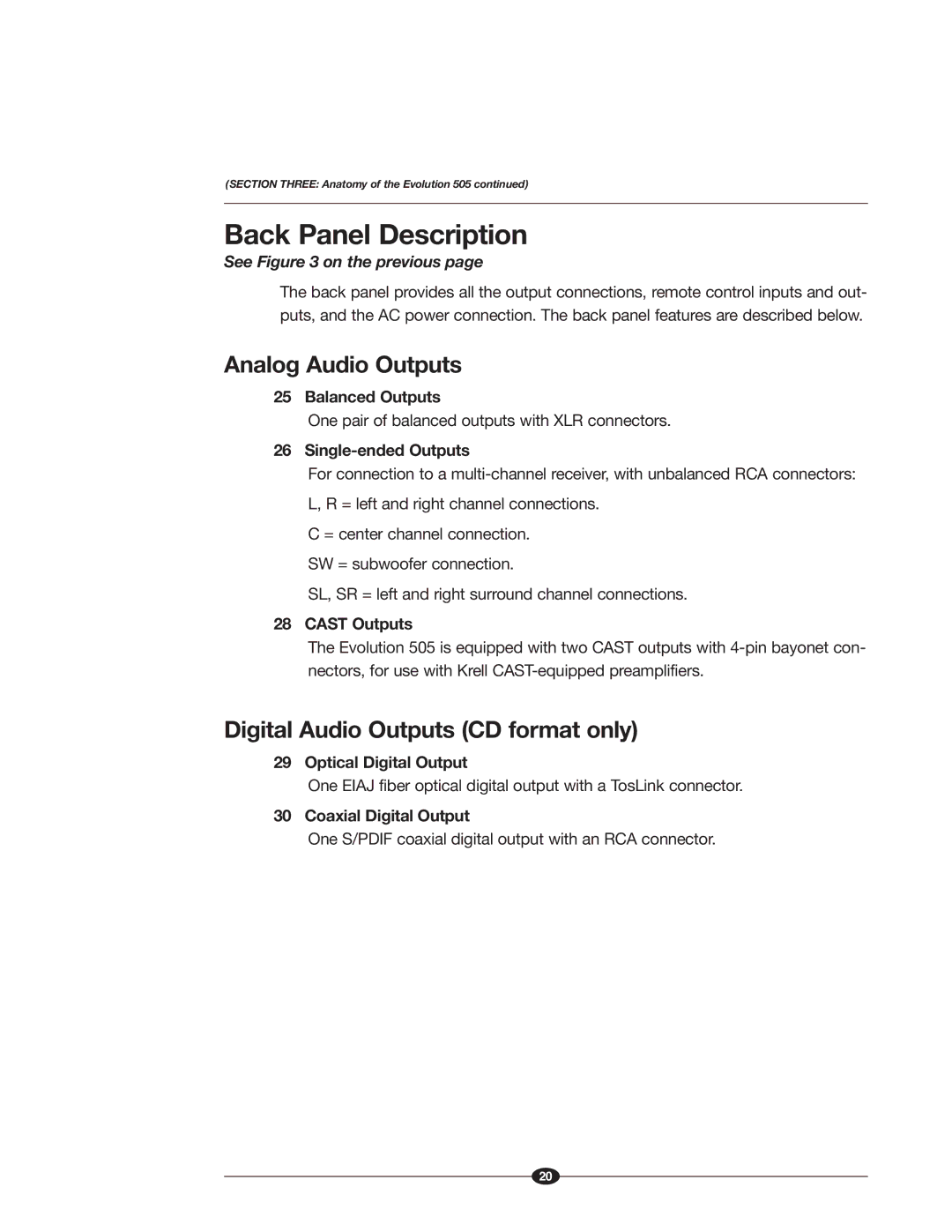 Krell Industries 505 manual Back Panel Description, Analog Audio Outputs, Digital Audio Outputs CD format only 