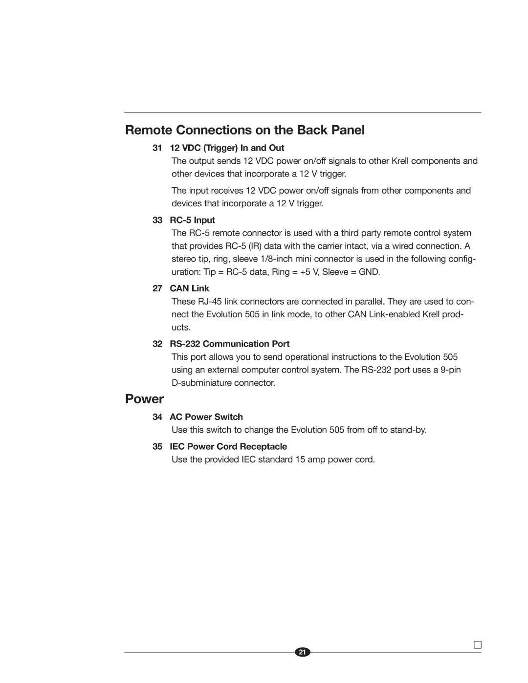 Krell Industries 505 manual Remote Connections on the Back Panel 