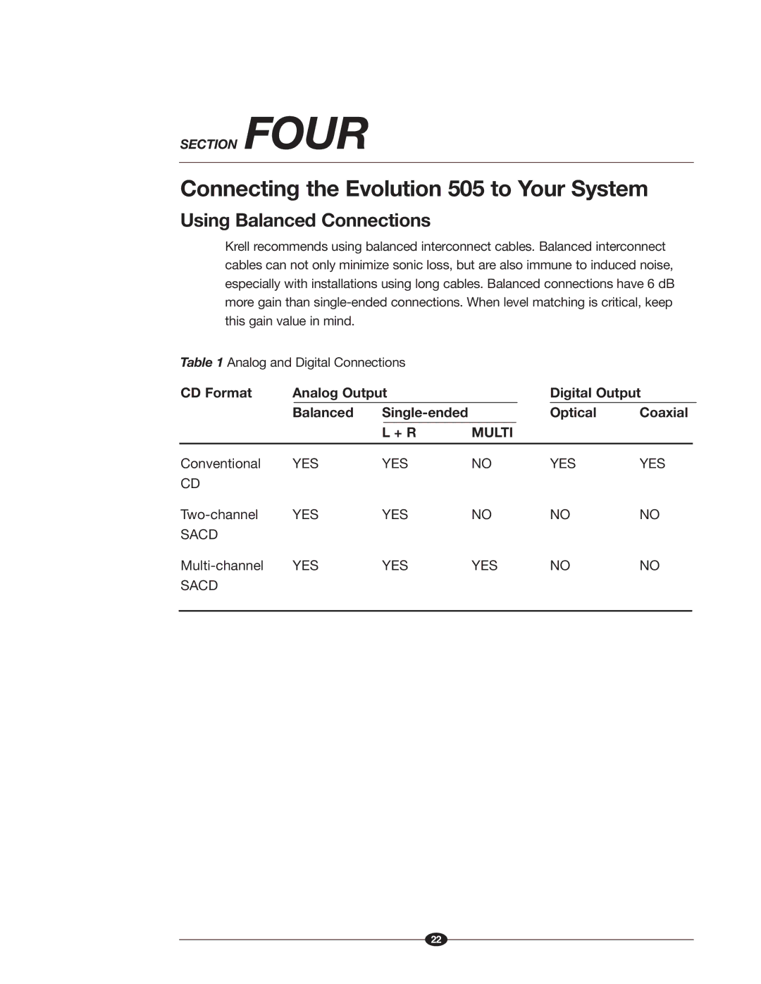 Krell Industries manual Connecting the Evolution 505 to Your System, Using Balanced Connections 