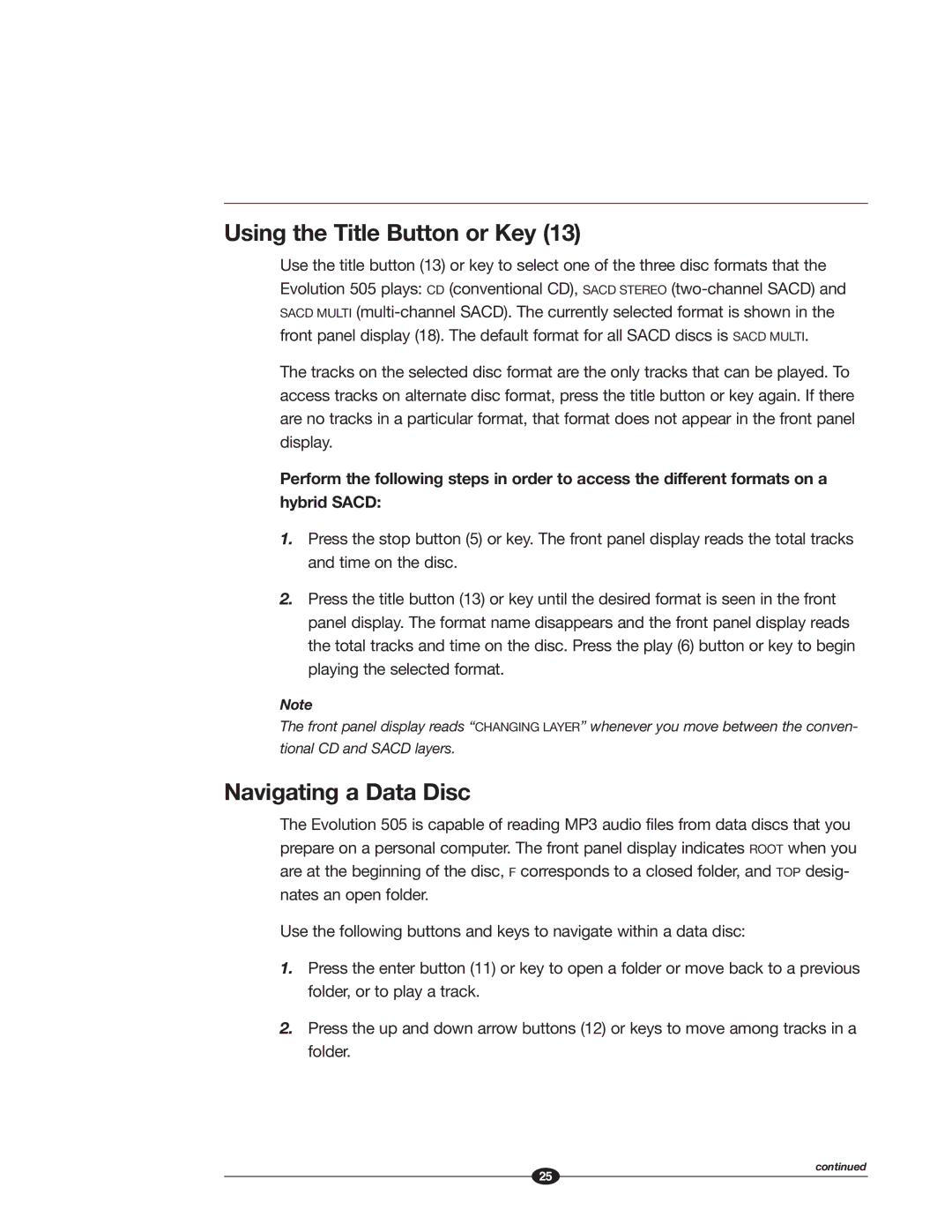 Krell Industries 505 manual Using the Title Button or Key, Navigating a Data Disc 