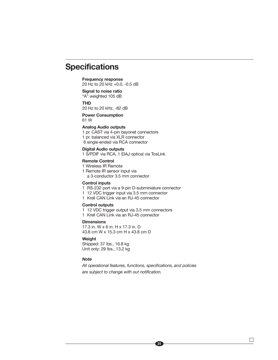 Krell Industries 505 manual Specifications, Thd 