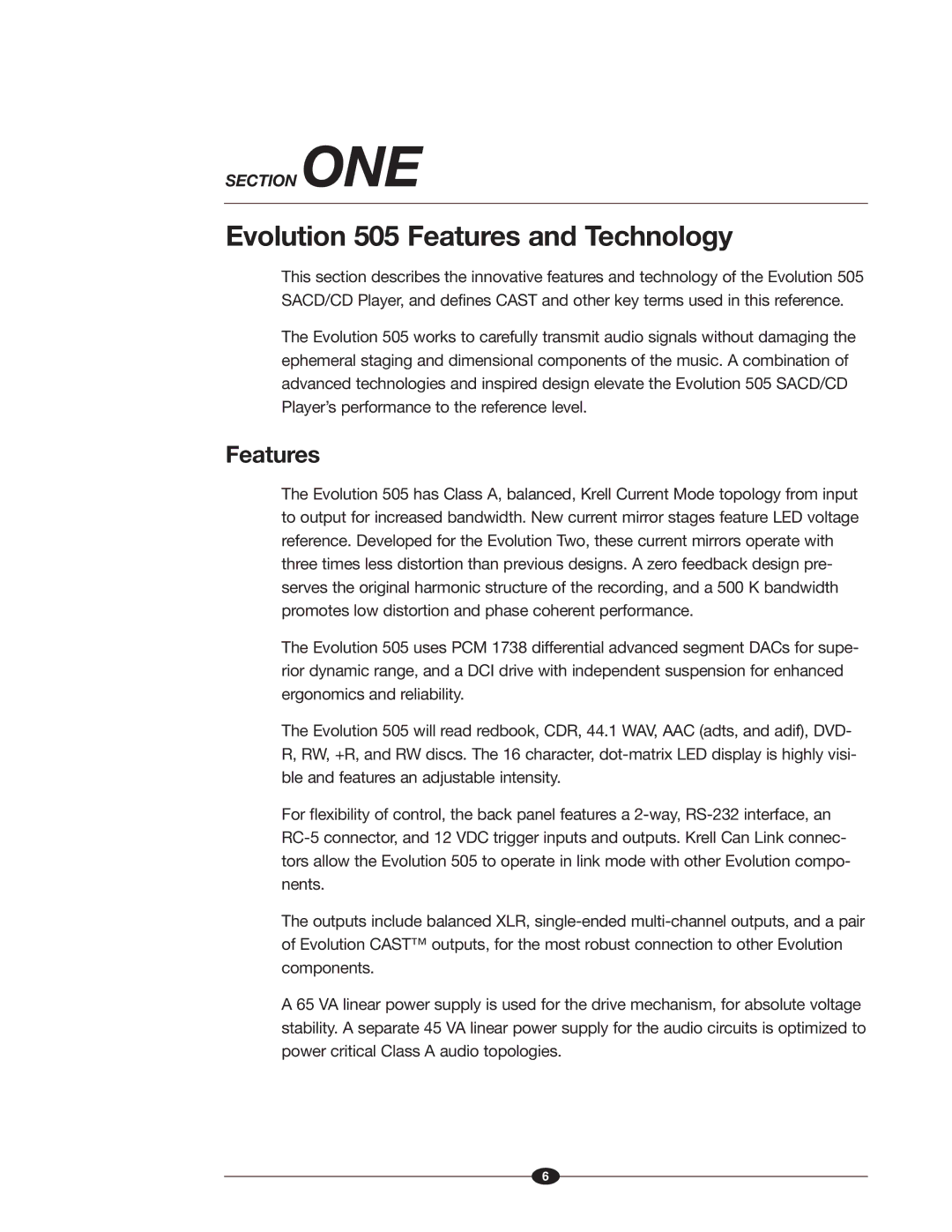 Krell Industries manual Evolution 505 Features and Technology 