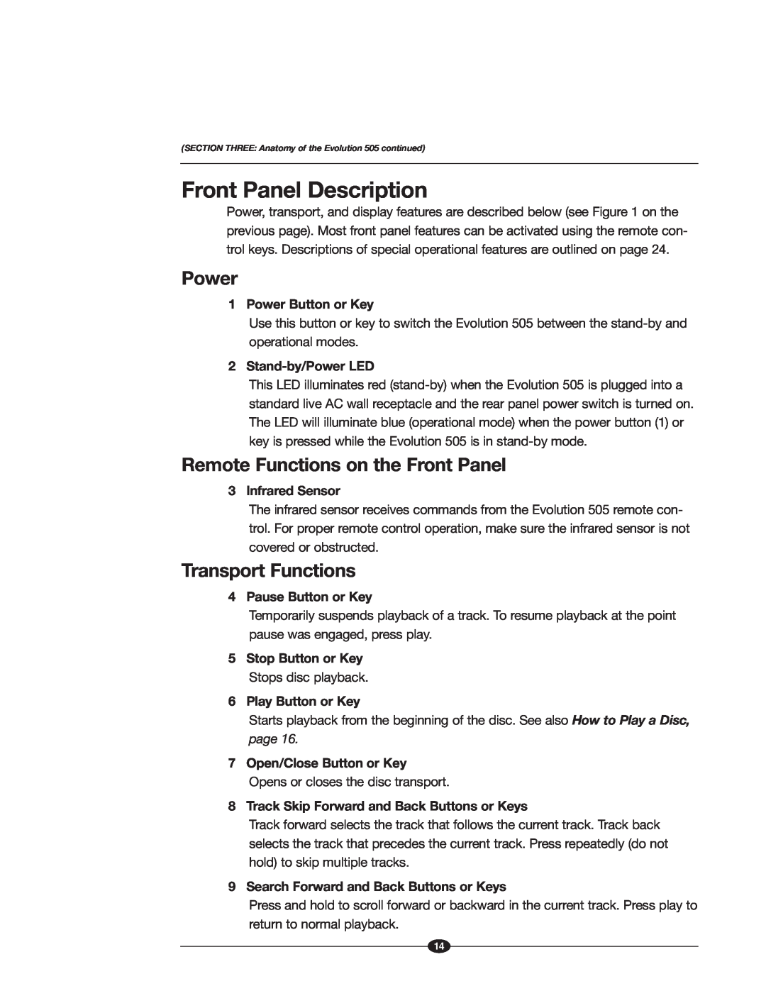 Krell Industries 505 manual Front Panel Description, Power, Remote Functions on the Front Panel, Transport Functions 