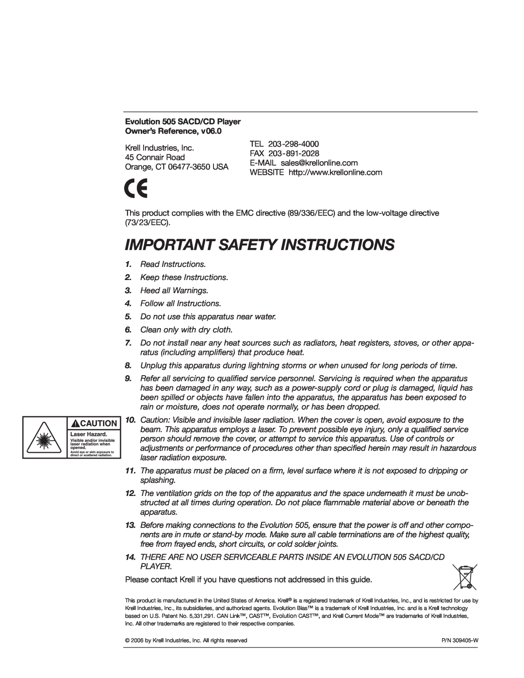 Krell Industries 505 manual Important Safety Instructions, Krell Industries, Inc 45 Connair Road, Orange, CT 06477-3650USA 