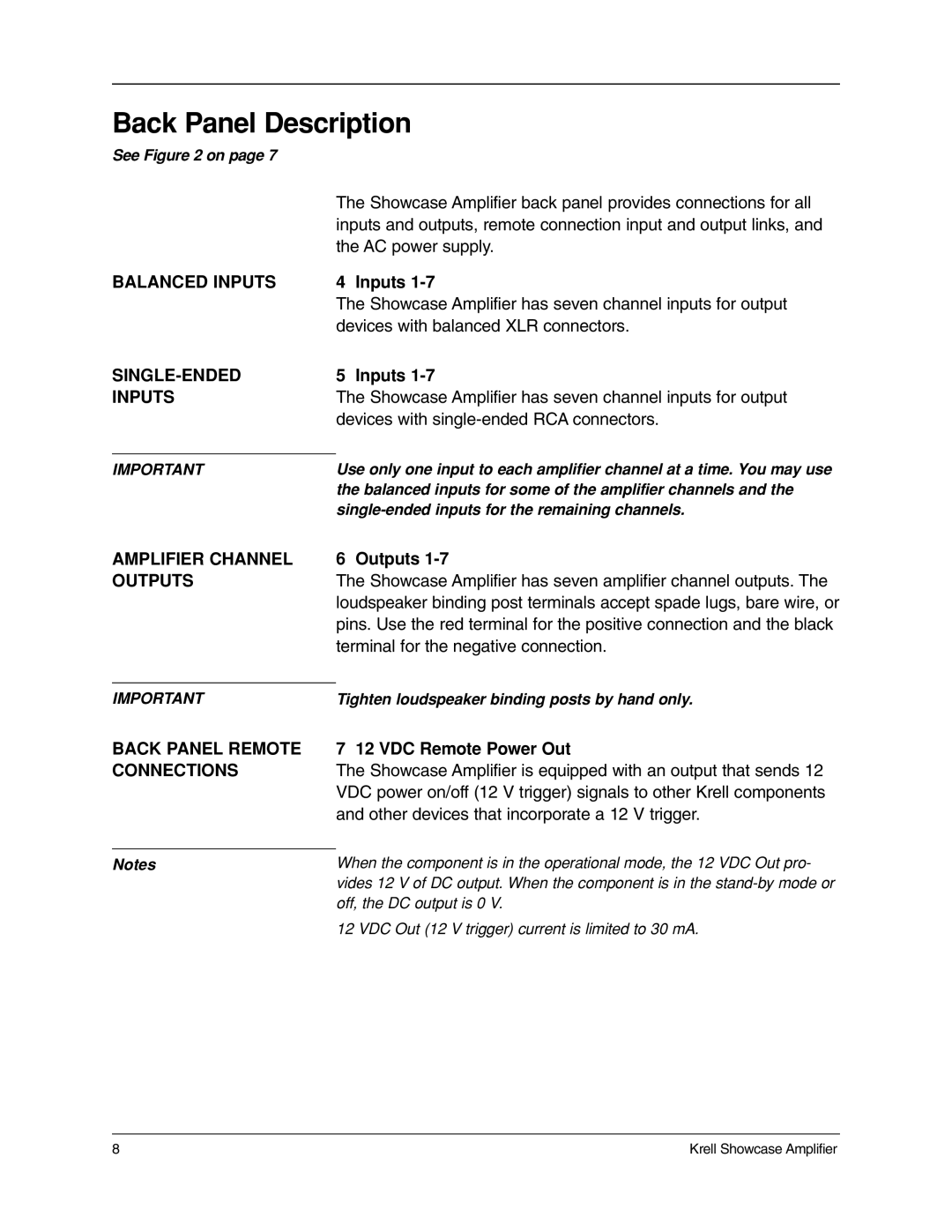 Krell Industries 7, 5, 6 manual Back Panel Description 