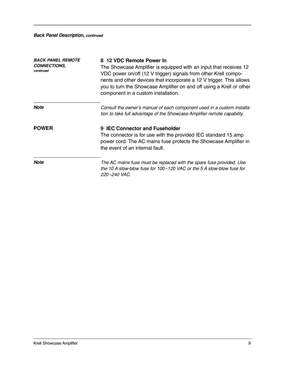 Krell Industries 5, 7, 6 manual VDC Remote Power, IEC Connector and Fuseholder 