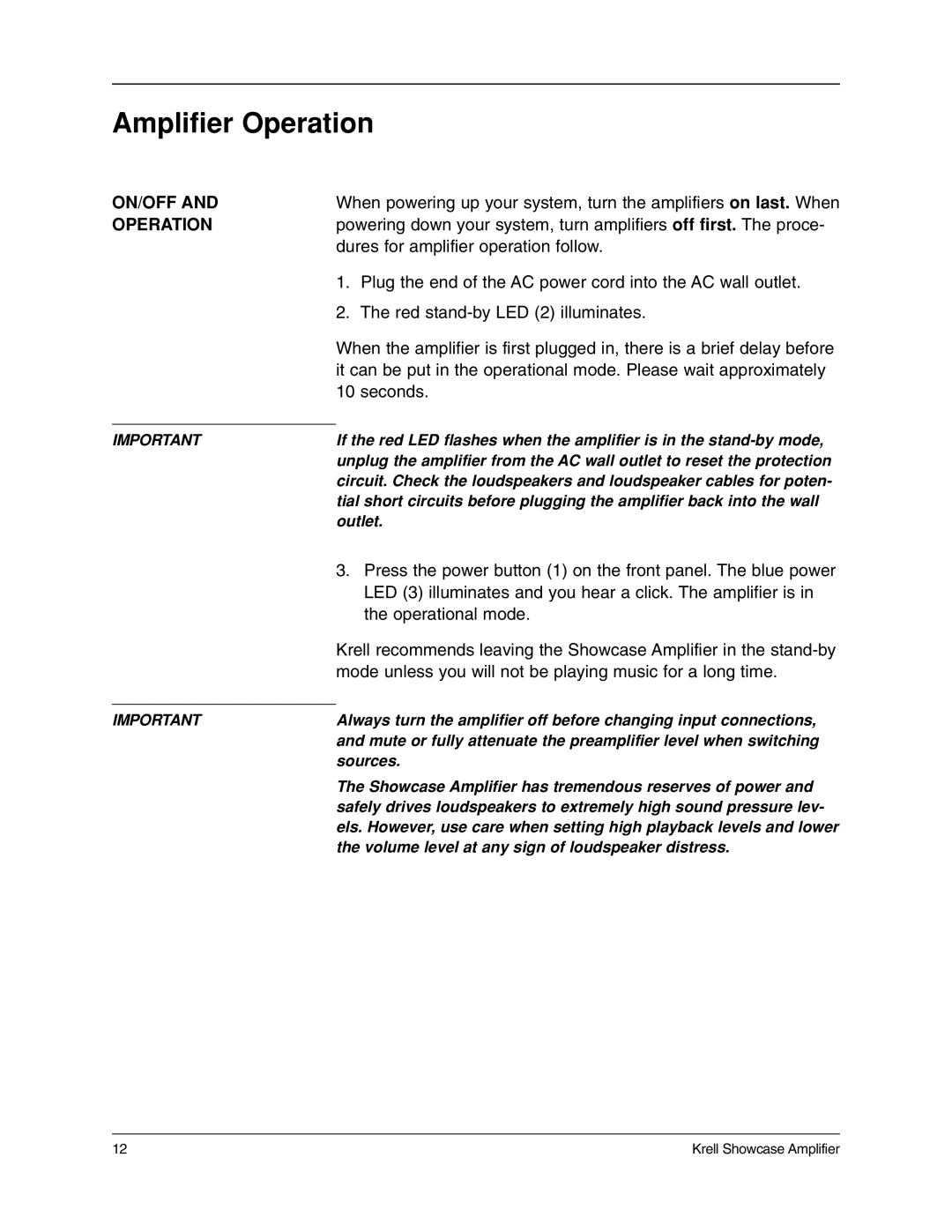 Krell Industries 5, 7, 6 manual Amplifier Operation, On/Off 