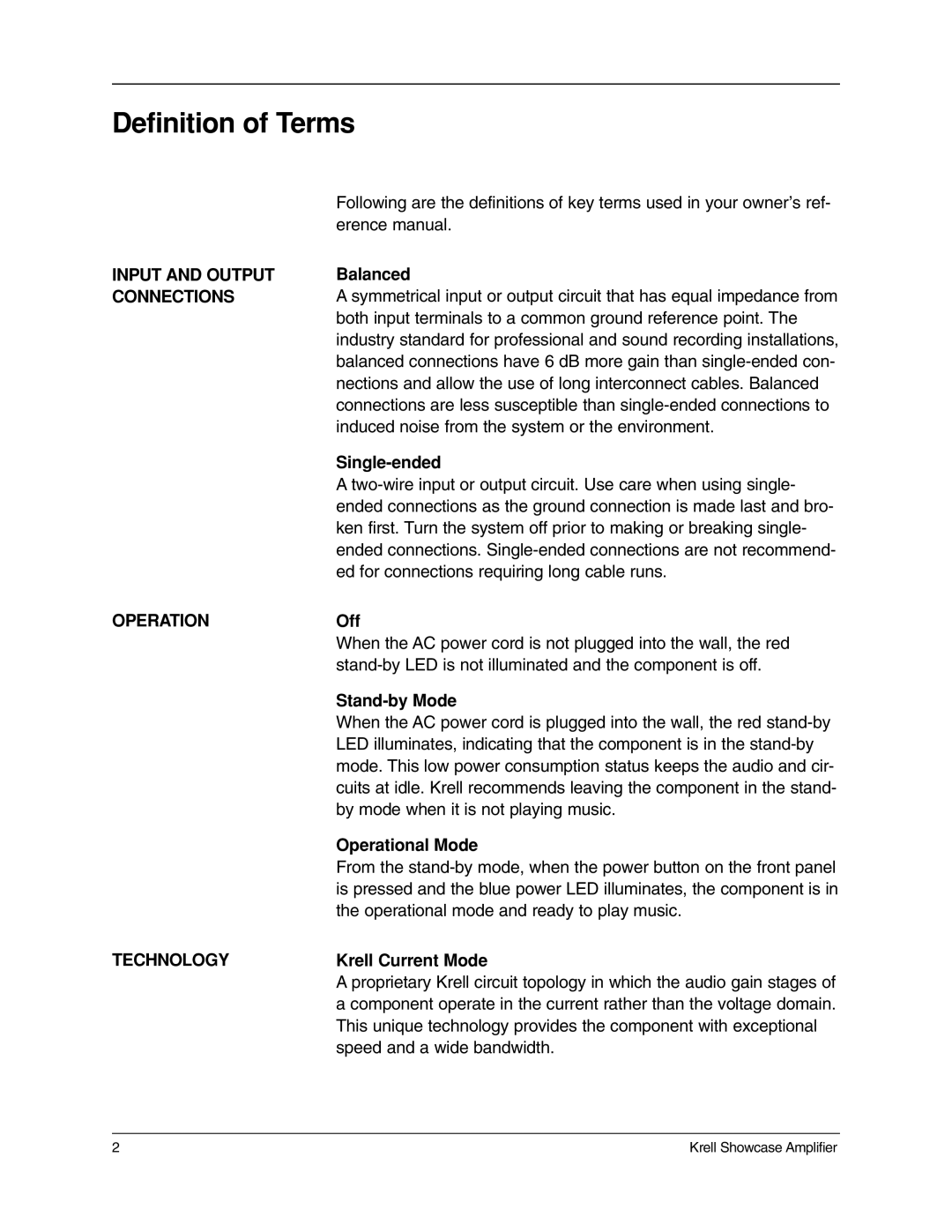 Krell Industries 7, 5, 6 manual Definition of Terms, Input and Output, Connections, Operation, Technology 