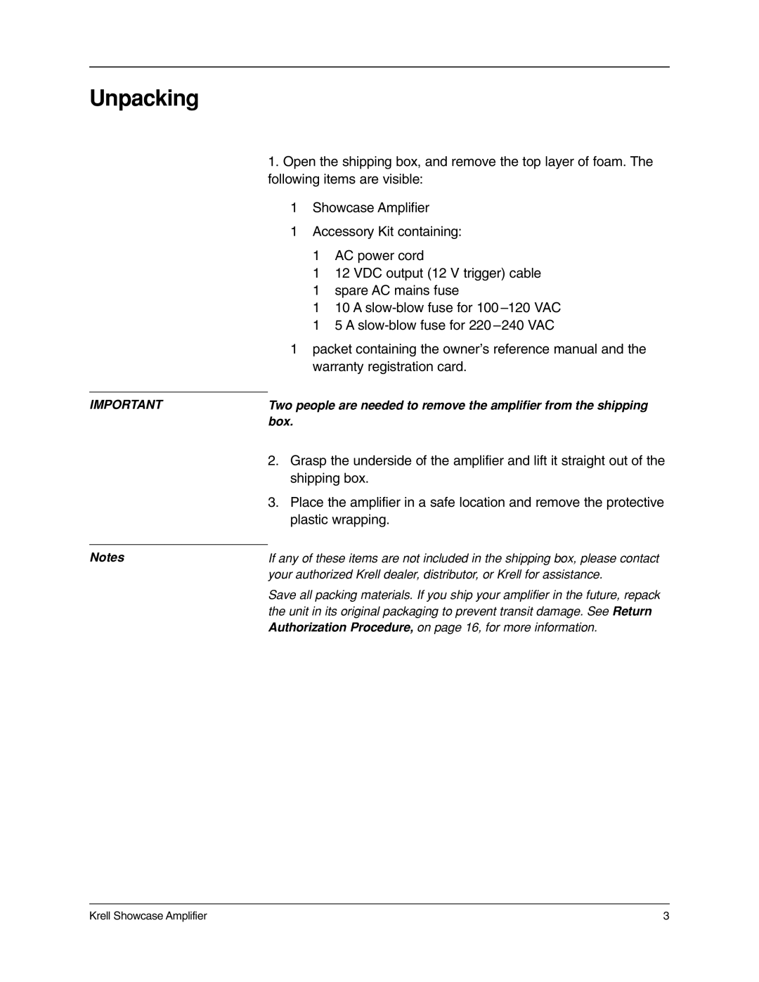 Krell Industries 5, 7, 6 manual Unpacking 