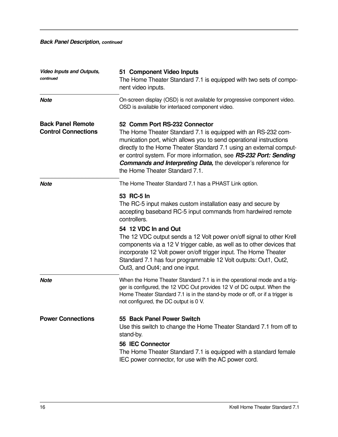Krell Industries 7.1 manual Component Video Inputs, Comm Port RS-232 Connector, 53 RC-5, 54 12 VDC In and Out, Stand-by 