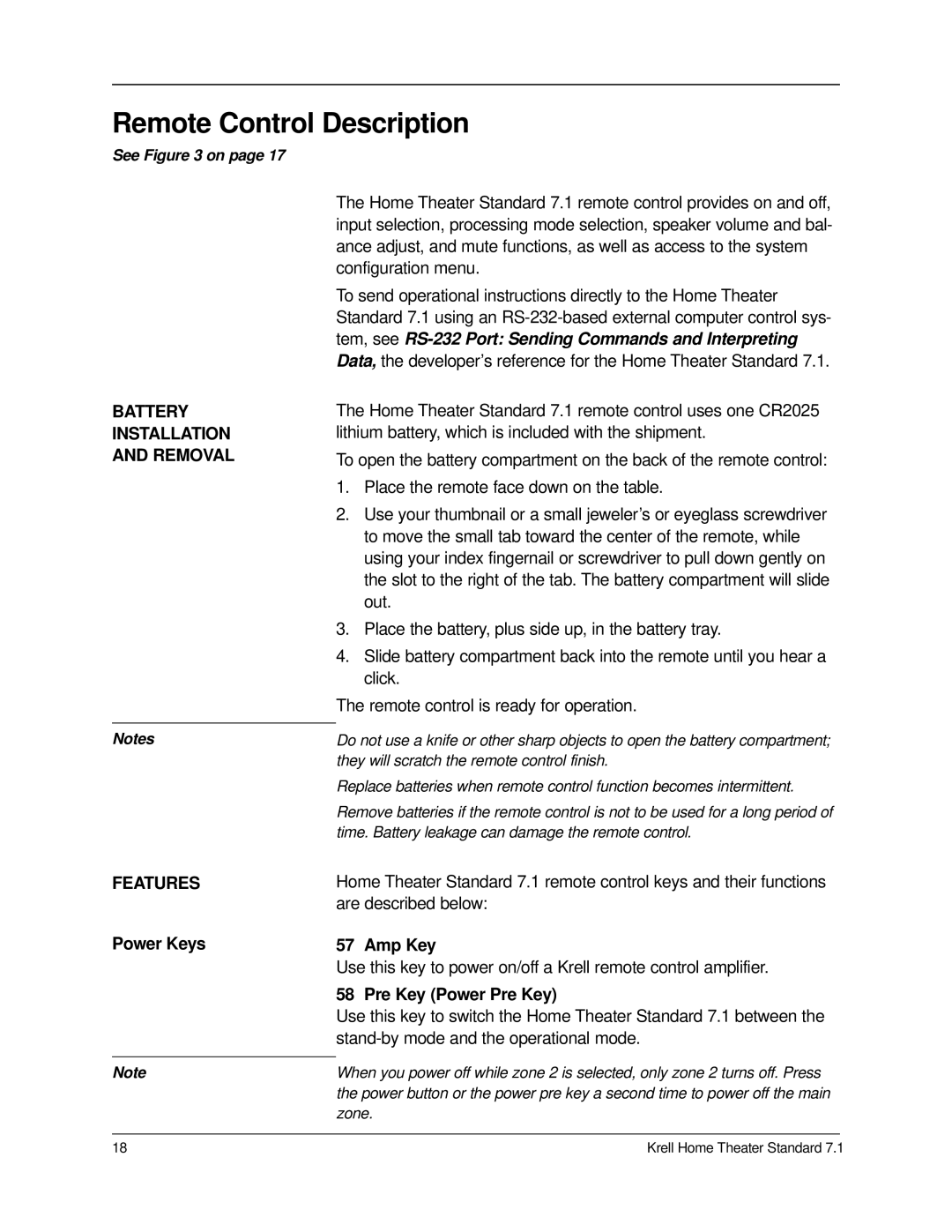 Krell Industries 7.1 manual Remote Control Description, Battery Installation and Removal, Power Keys, Amp Key 