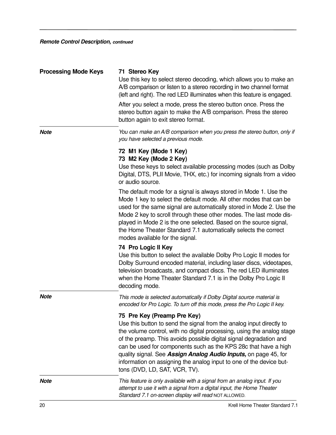 Krell Industries 7.1 manual Processing Mode Keys Stereo Key, 72 M1 Key Mode 1 Key 73 M2 Key Mode 2 Key, Pro Logic II Key 