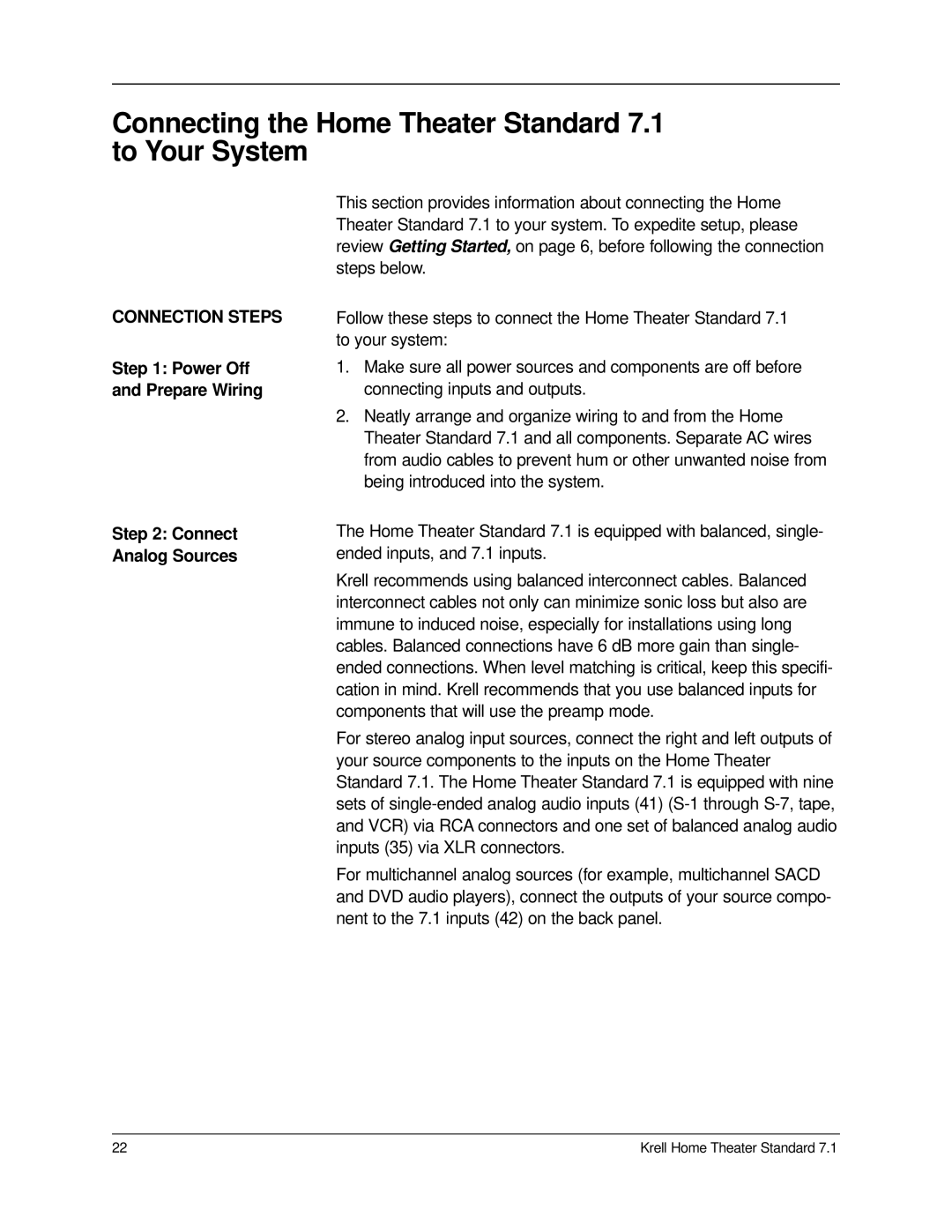 Krell Industries Connecting the Home Theater Standard 7.1 to Your System, Connection Steps, Connect Analog Sources 