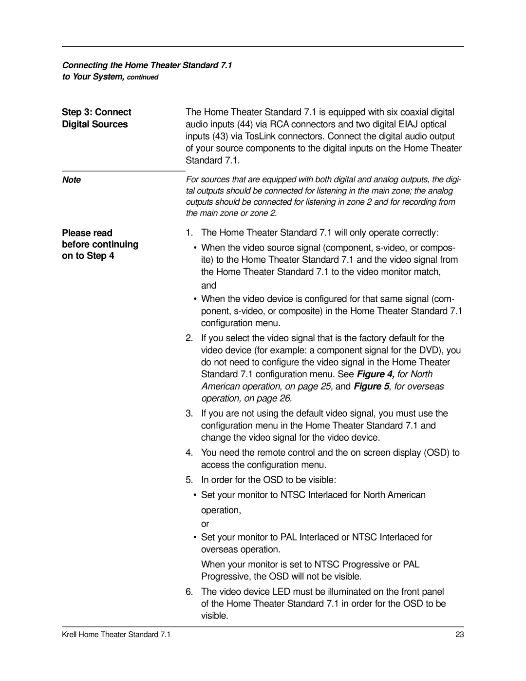 Krell Industries 7.1 manual Connect, Digital Sources, Standard 