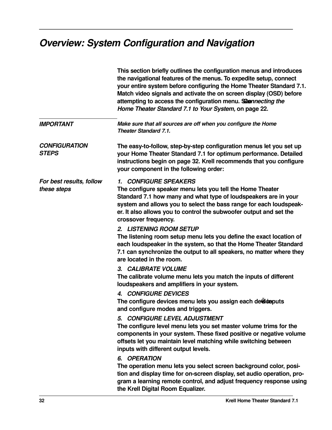 Krell Industries 7.1 manual Overview System Configuration and Navigation 