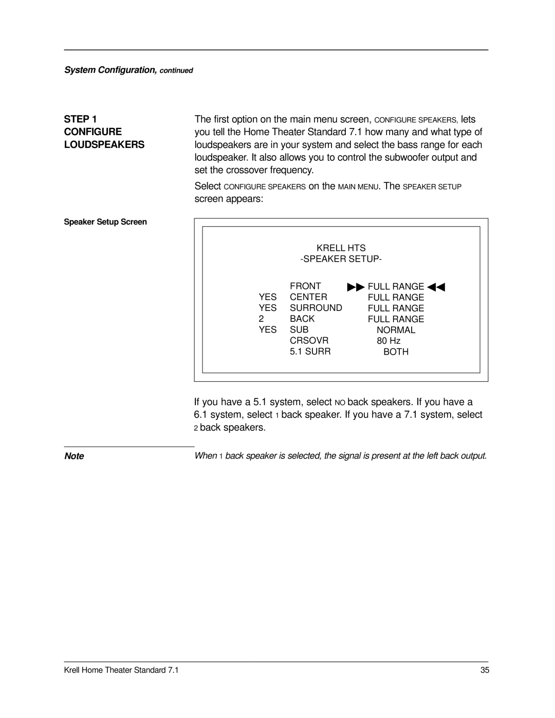 Krell Industries 7.1 manual Configure Loudspeakers, Screen appears 