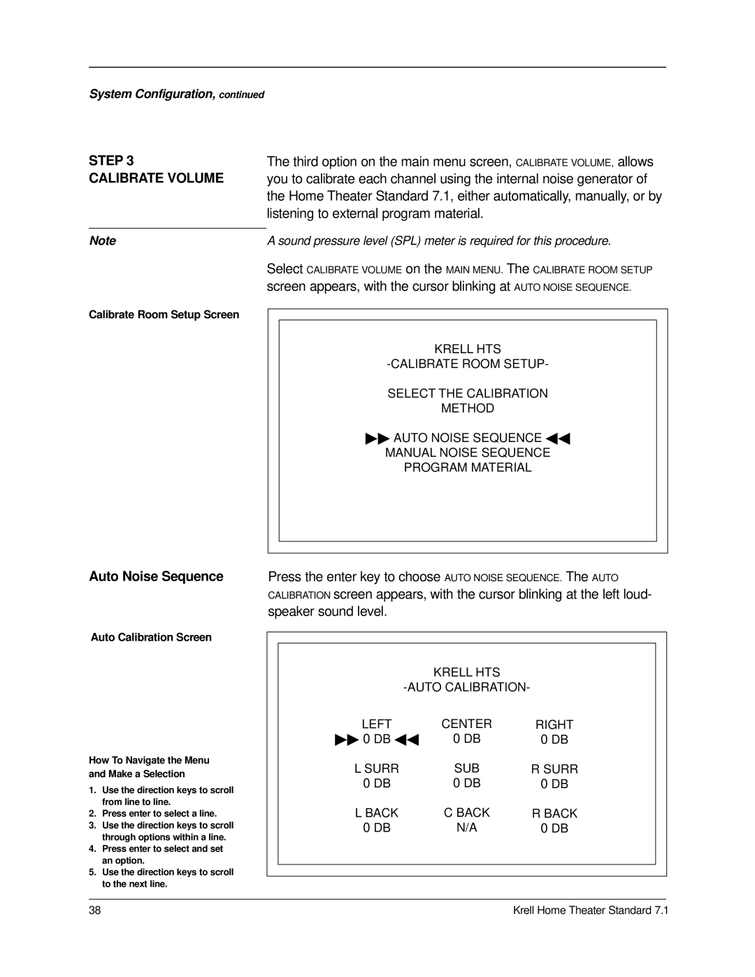 Krell Industries 7.1 manual Step Calibrate Volume, Auto Noise Sequence 