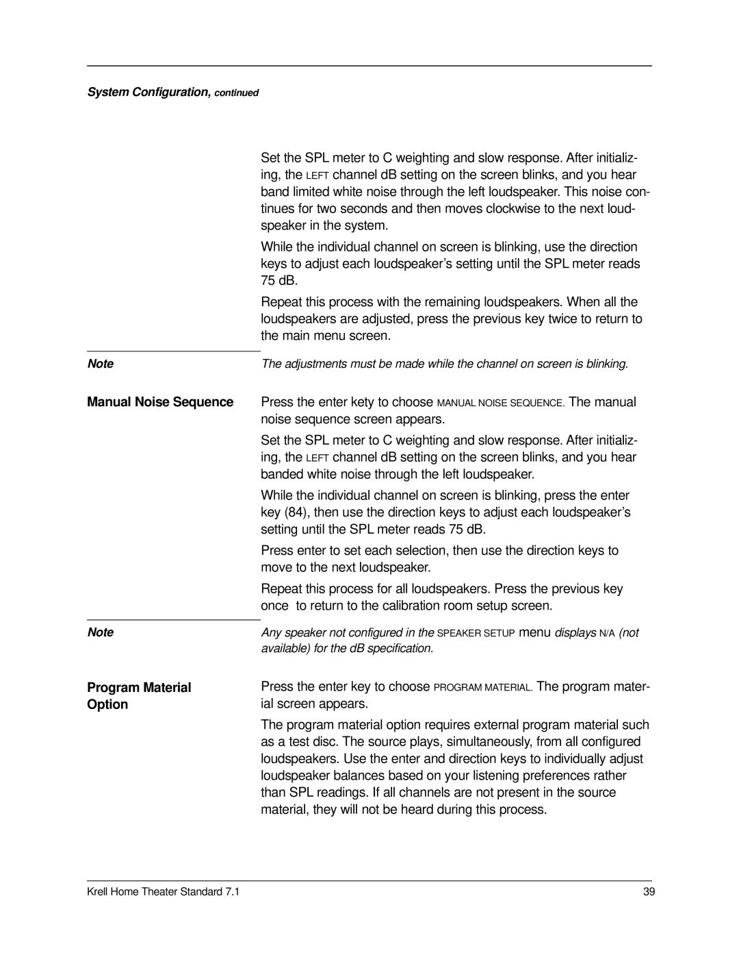 Krell Industries 7.1 manual Manual Noise Sequence Program Material Option 