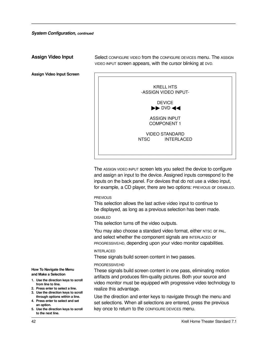 Krell Industries 7.1 manual Assign Video Input, Screen appears, with the cursor blinking at DVD 