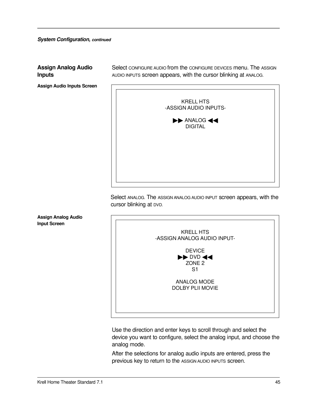 Krell Industries 7.1 manual Assign Analog Audio Inputs, Digital 