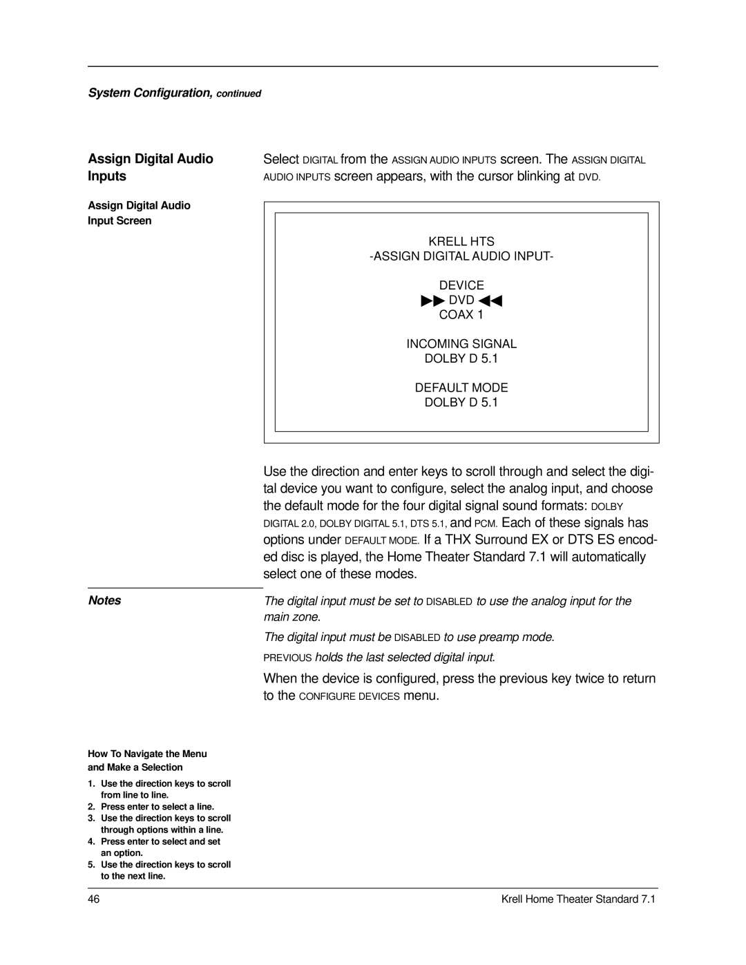 Krell Industries 7.1 manual Assign Digital Audio, Audio Inputs screen appears, with the cursor blinking at DVD 