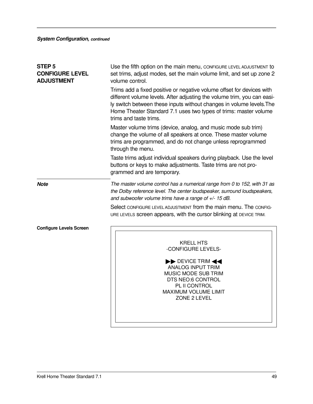 Krell Industries 7.1 manual Configure Level, Adjustment 