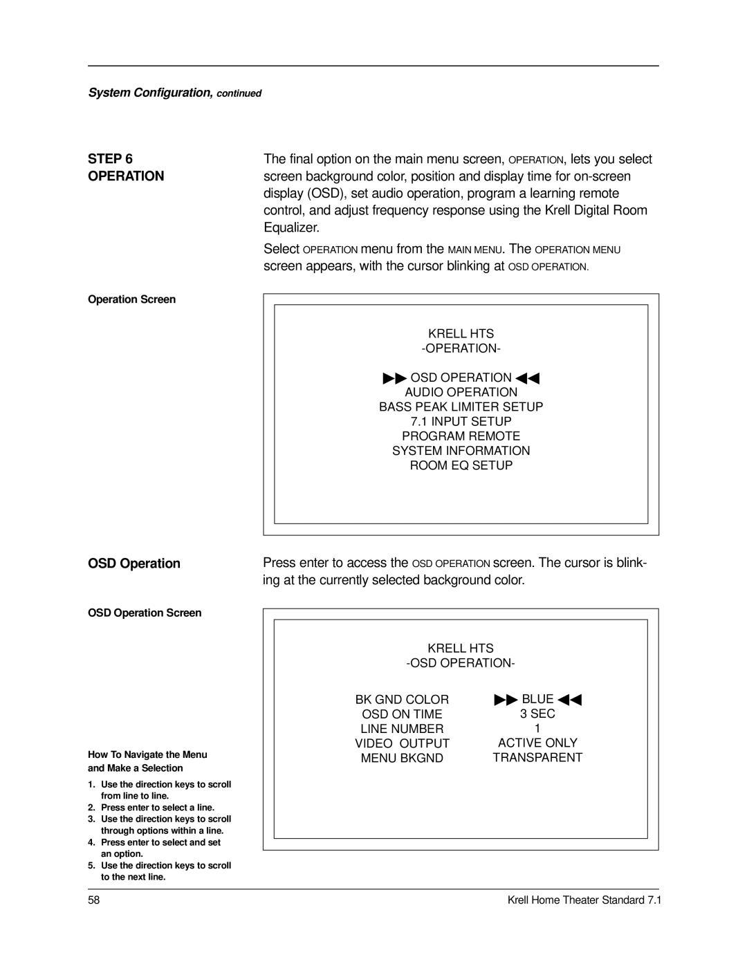 Krell Industries 7.1 manual OSD Operation Screen 