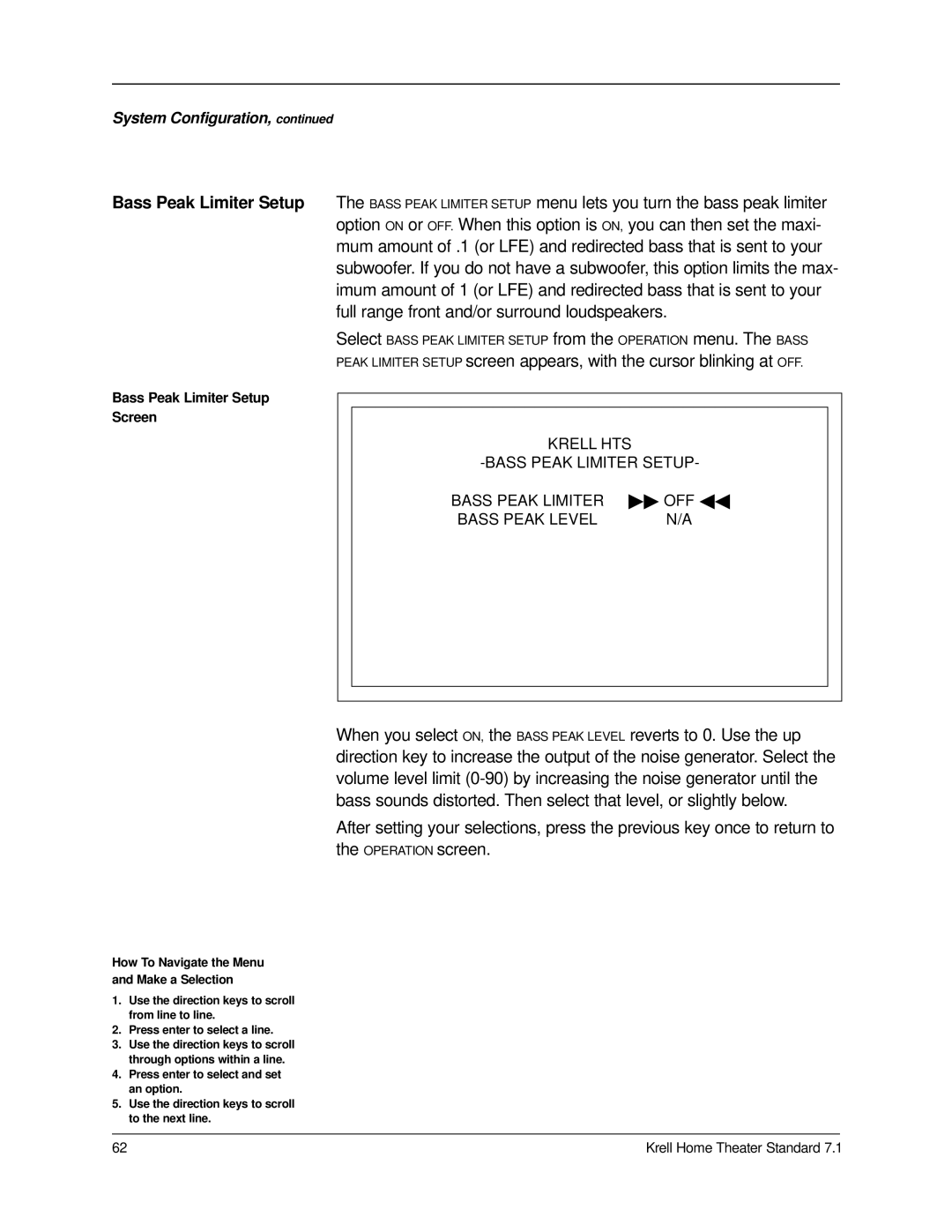 Krell Industries 7.1 manual Krell HTS Bass Peak Limiter Setup 