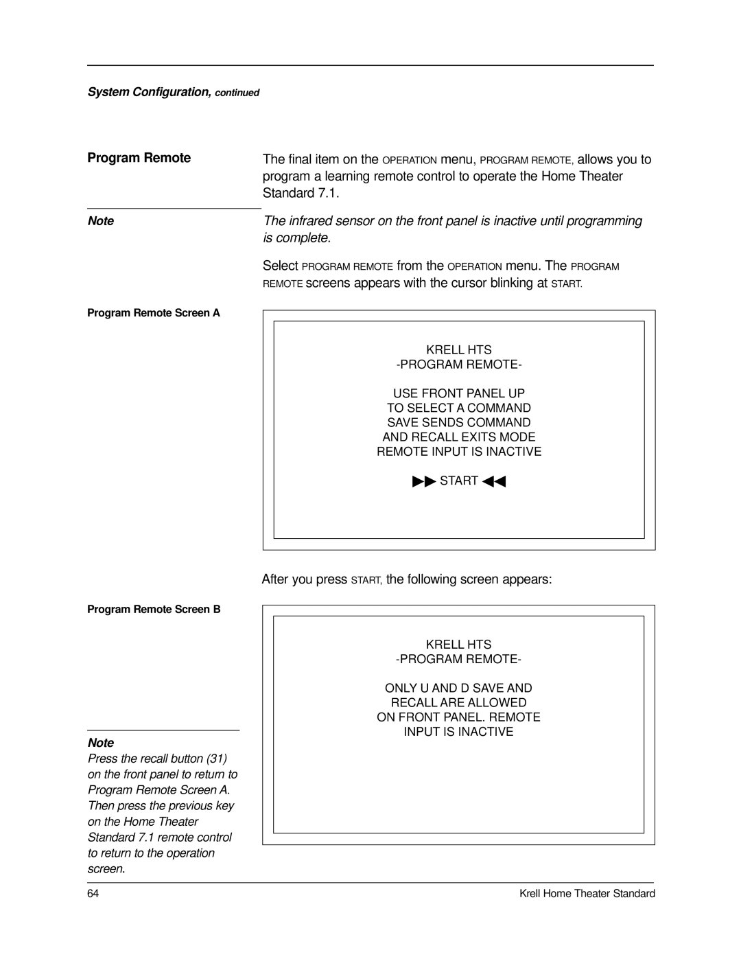 Krell Industries 7.1 manual Program Remote, After you press START, the following screen appears 
