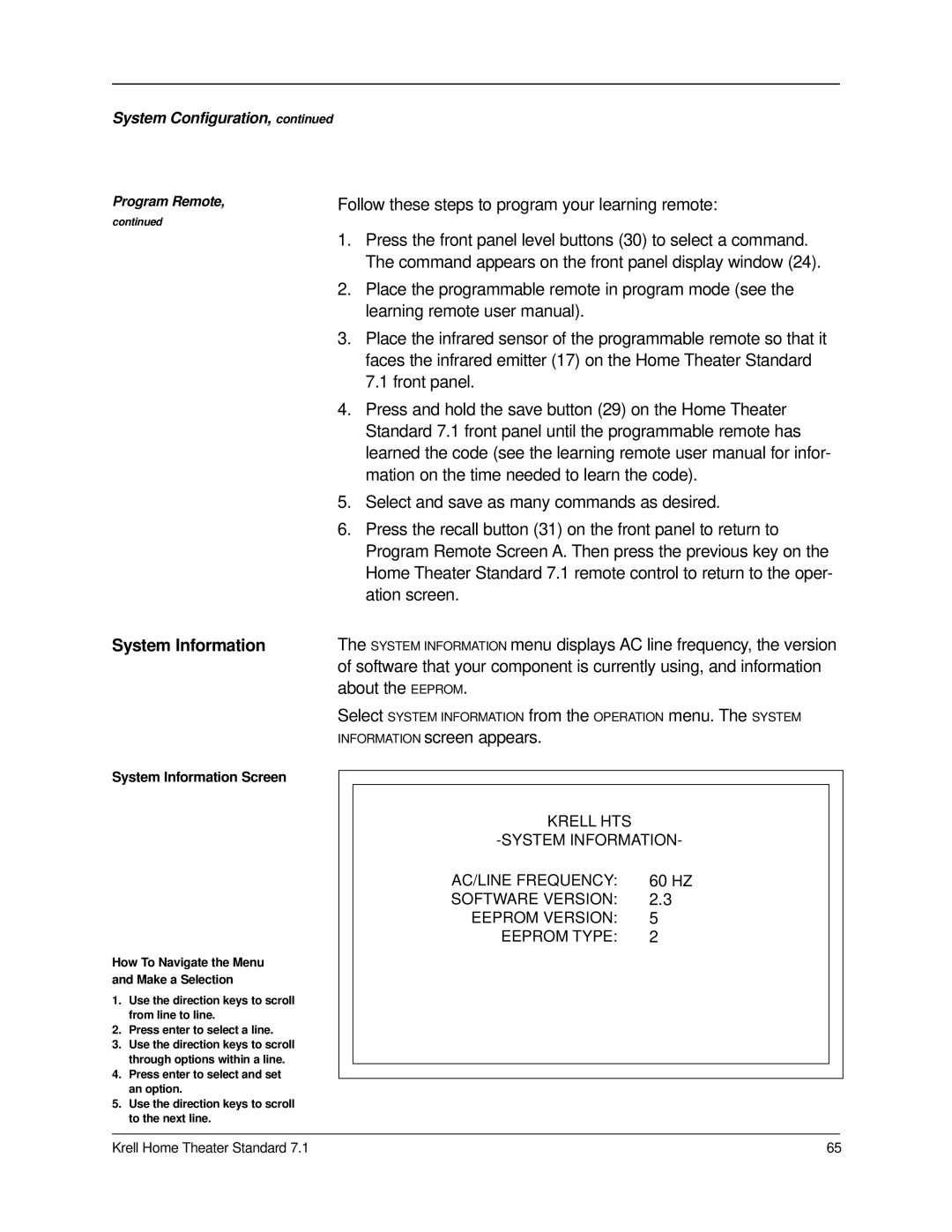 Krell Industries 7.1 Follow these steps to program your learning remote, System Information, Information screen appears 