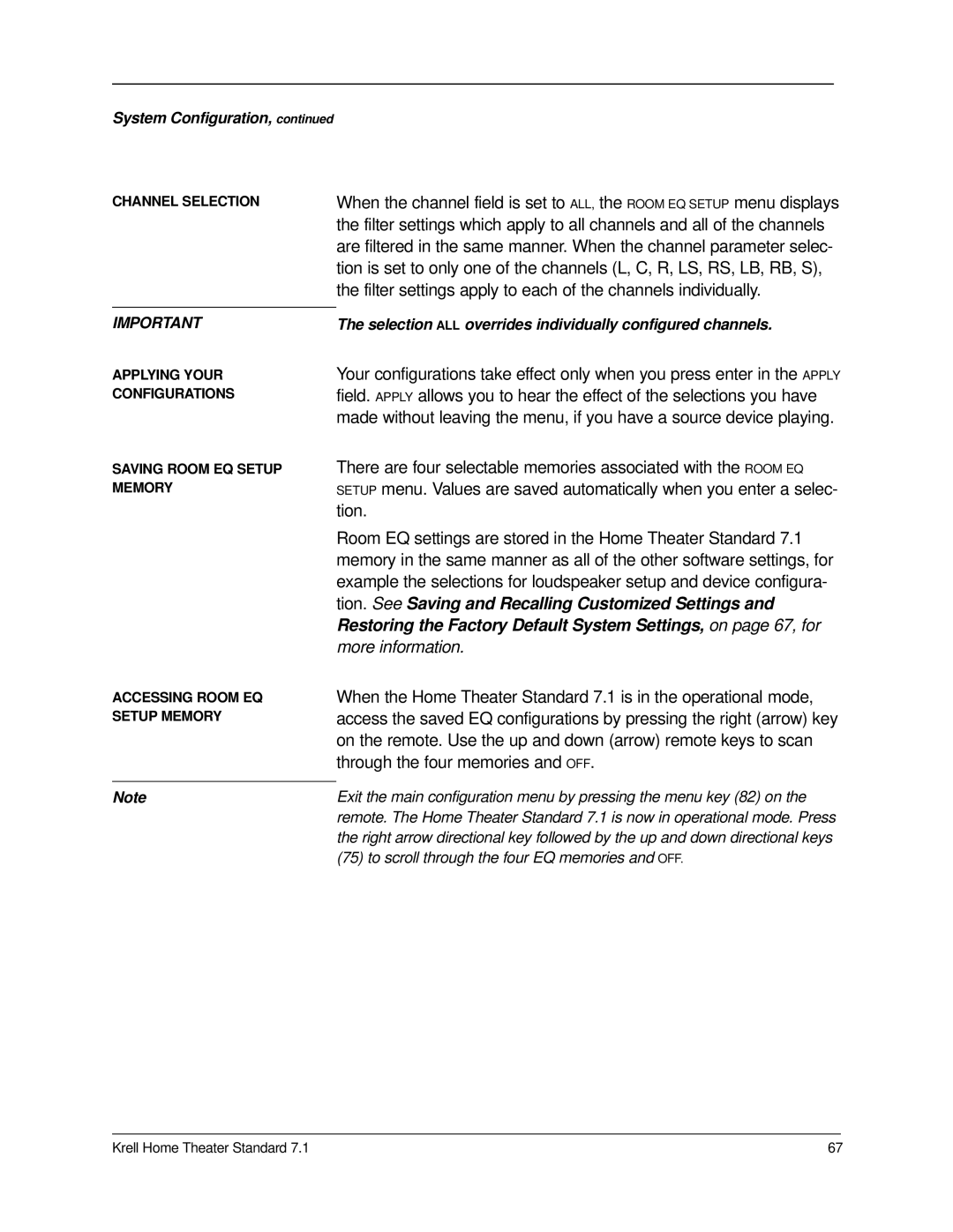 Krell Industries 7.1 manual Selection ALL overrides individually configured channels 