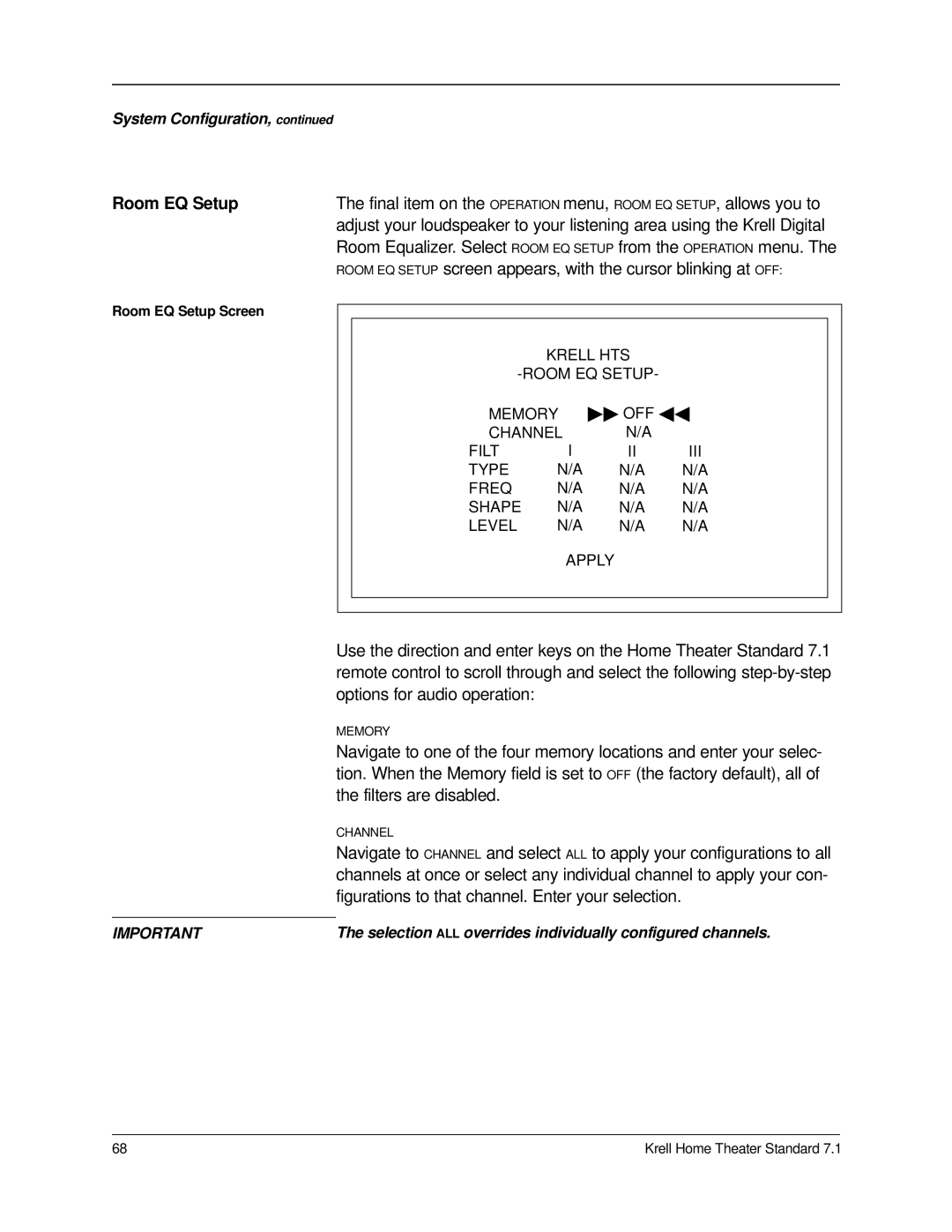 Krell Industries 7.1 manual Krell HTS Room EQ Setup Memory 