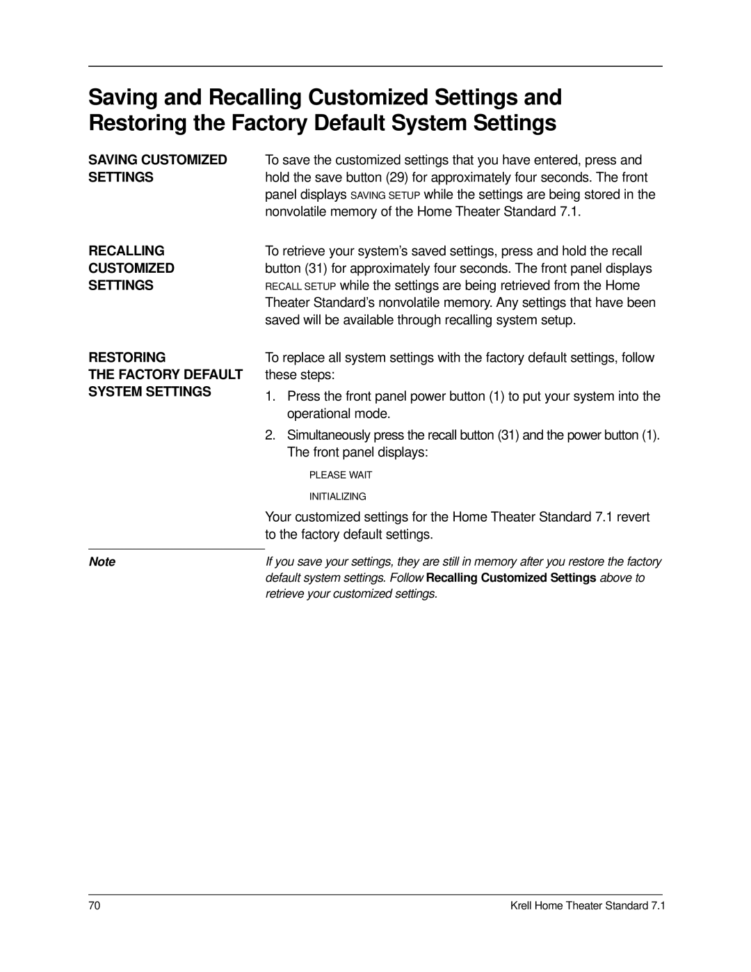 Krell Industries 7.1 manual Saving Customized, Settings, Recalling, Restoring 