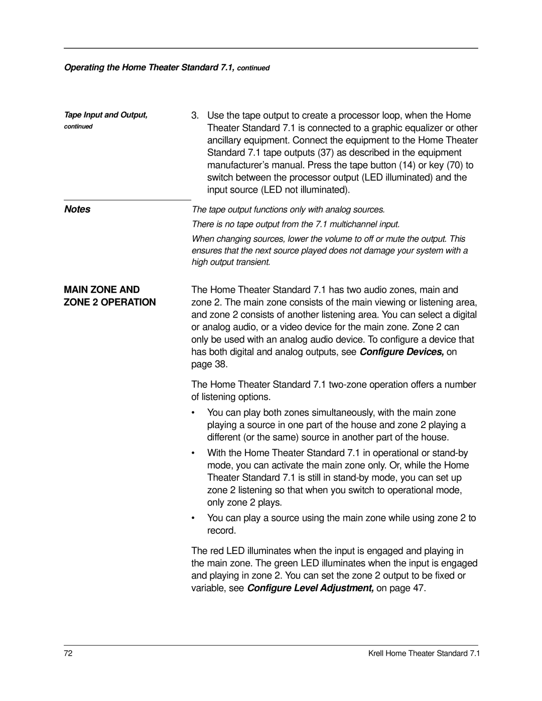 Krell Industries 7.1 manual Main Zone, Zone 2 Operation 