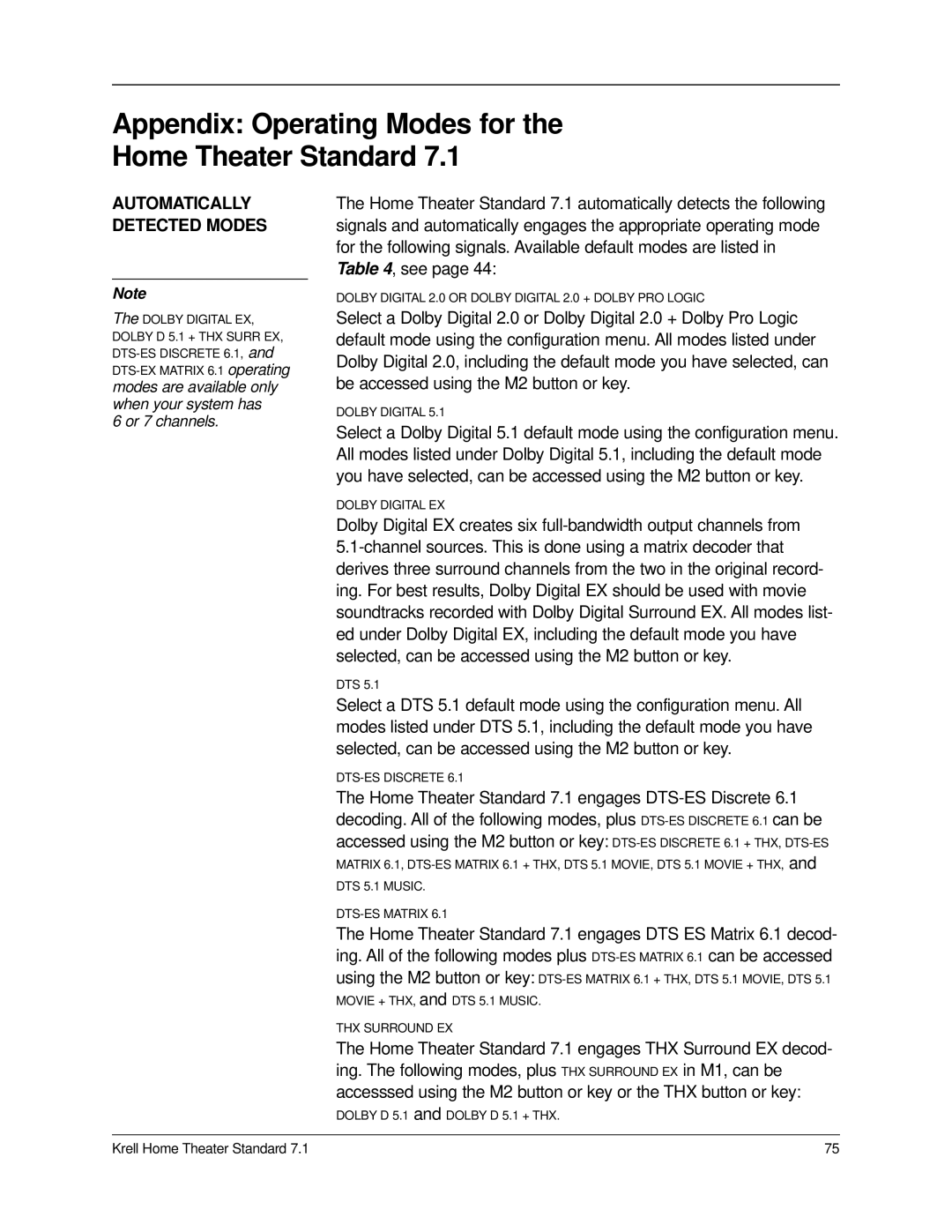 Krell Industries 7.1 manual Appendix Operating Modes for the Home Theater Standard 