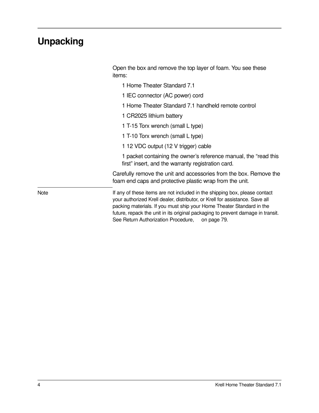 Krell Industries 7.1 manual Unpacking 