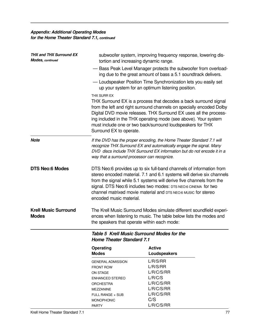 Krell Industries 7.1 manual DTS Neo6 Modes, Krell Music Surround 