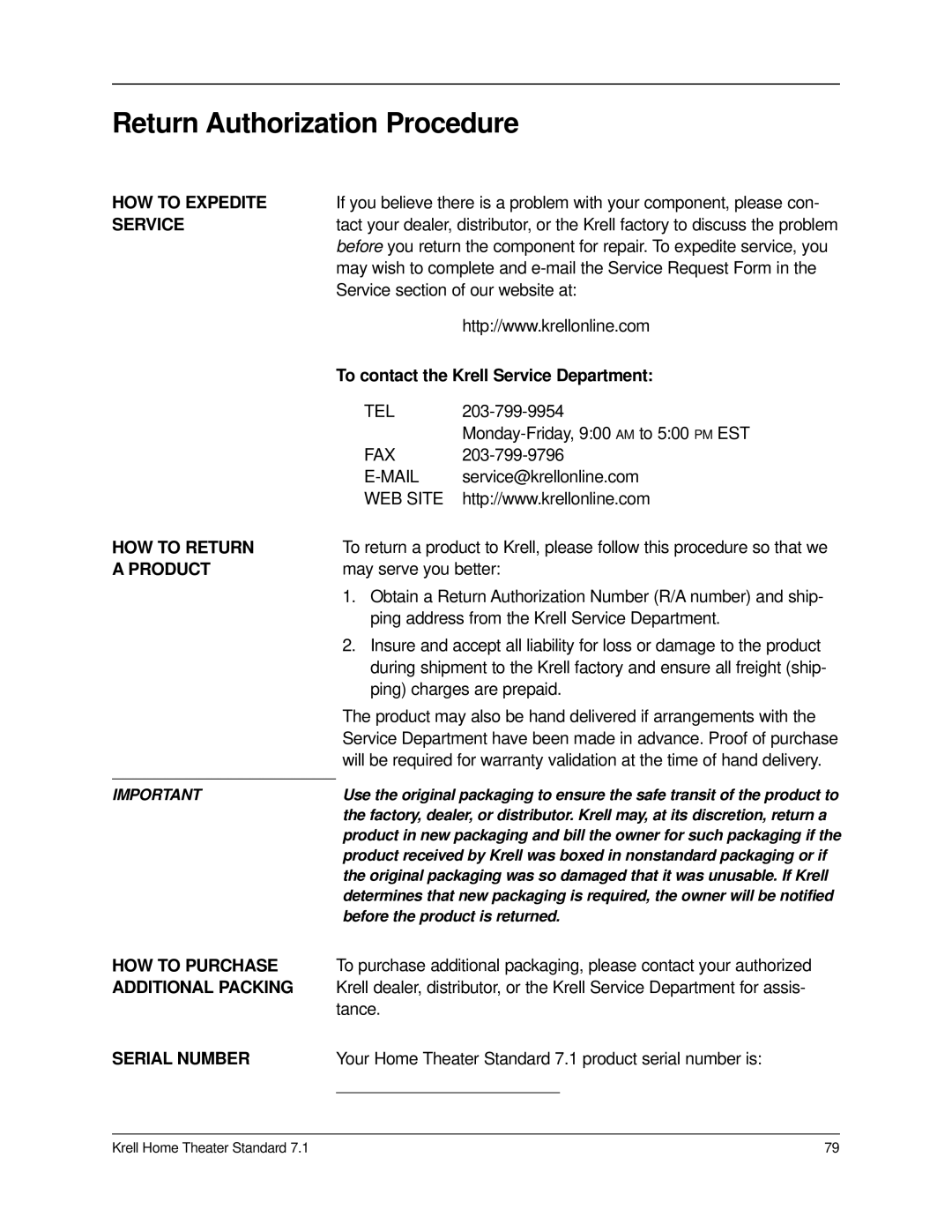 Krell Industries 7.1 manual Return Authorization Procedure 